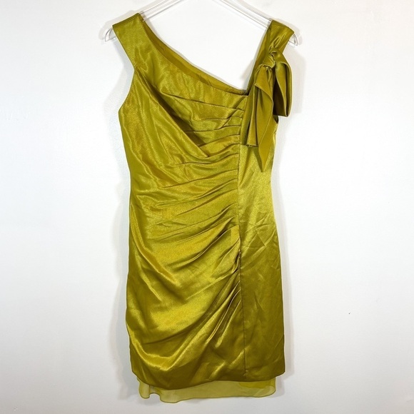 NWT white by vera wang bridesmaid dress chartreuse satin one shoulder mini - Picture 3 of 12